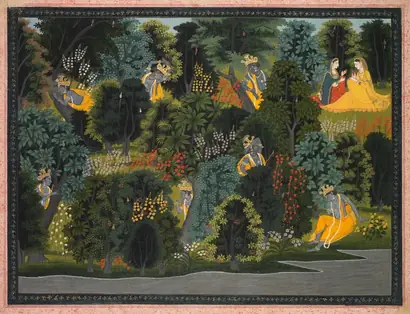 Dokumentasi museum Krishna’s longing for Radha, from a Gita Govinda (Song of the Cowherd) of Jayadeva. Nama pembuat belum tercantum pada daftar atribusi museum.