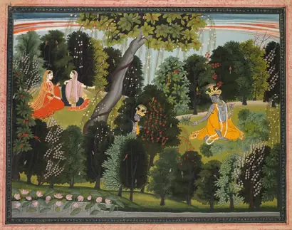 Dokumentasi museum Sakhi persuades Radha to meet Krishna, from a Gita Govinda (Song of the Cowherd) of Jayadeva. attributed to: Purkhu (Indian, 1750–1860).