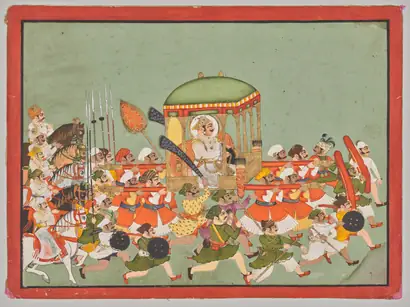 Dokumentasi museum Maharao Chattar Sal (reigned 1758–64) of Kota in a Palanquin. Nama pembuat belum tercantum pada daftar atribusi museum.