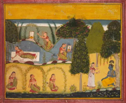 Dokumentasi museum Radha Awaiting Reconciliation with Krishna, from a Gita Govinda of Jayadeva. Nama pembuat belum tercantum pada daftar atribusi museum.