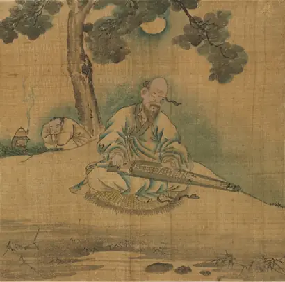 Dokumentasi museum Scholar Playing a Qin. Nama pembuat belum tercantum pada daftar atribusi museum.