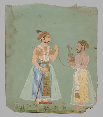 Dokumentasi museum Rana Amar Singh II (reigned 1698–1710) smoking a hookah. Nama pembuat belum tercantum pada daftar atribusi museum.