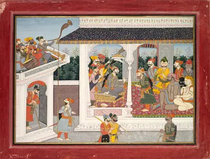 Dokumentasi museum Kamsa deploys Akrura and Keshi to Braj, from a Bhagavata Purana. Nama pembuat belum tercantum pada daftar atribusi museum.
