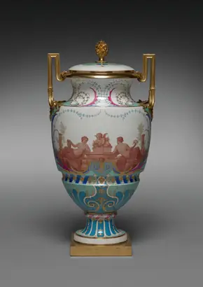 Dokumentasi museum Vase Feuille d'Eau. made at: Sèvres Porcelain Factory (French, est. 1756); figural decoration by: Paul Marie Roussel (French, 1804–1877); ornament designed by: Emile Renard (French).