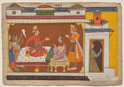 Dokumentasi museum King Dasharatha confers with Kaikeyi, from the “Shangri” Ramayana. Nama pembuat belum tercantum pada daftar atribusi museum.