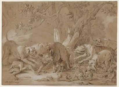 Dokumentasi museum Wild Sow and Her Young Attacked by Dogs. Jean-Baptiste Oudry (French, 1686–1755).