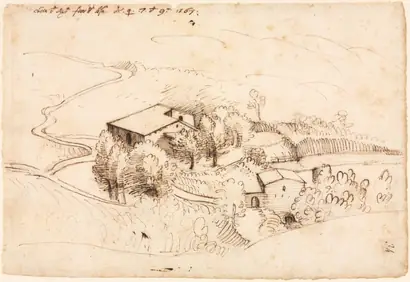 Dokumentasi museum Farm with Trees in a Hilly Landscape. Gherardo Cibo (Italian, 1512–1600).