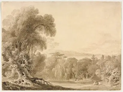 Dokumentasi museum Figures Seated by a Lake in a Wooded Landscape. John Martin (British, 1789–1854).