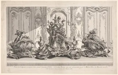 Dokumentasi museum Silver Sculptural Project for a Large Centerpiece and Two Tureens Which Have Been Executed for His Lordship the Duke of Kingston, plate 115 from Works of Juste-Aurèle Meissonier (Oeuvre de Juste-Aurèle Meissonier). Gabriel Huquier (French, 1695–1772); after: Juste-Aurèle Meissonnier (French, 1695–1750).