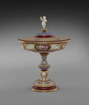 Dokumentasi museum Standing Cup and Cover. made at: Sèvres Porcelain Factory (French, est. 1756); modeled by: Hyacinthe-Jean Regnier (French, 1803–1870); decorated by: Francois-Hubert Barbin (French, 1786-); flowers painted by: Jacques-Nicolas Sinsson (French).