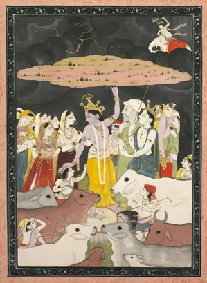 Dokumentasi museum Krishna Lifting Mount Govardhan. Nama pembuat belum tercantum pada daftar atribusi museum.