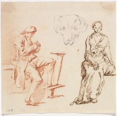 Dokumentasi museum Sheet of Studies: Seated Man, Head of a Dog, Seated Woman. Claude-Joseph Vernet (French, 1714–1789).