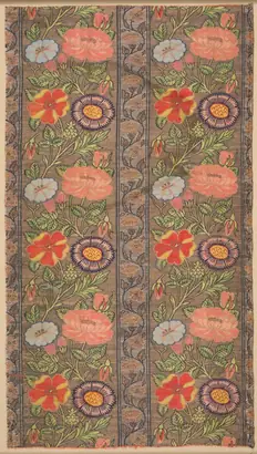 Dokumentasi museum Floral striped silk on a golden ground. Nama pembuat belum tercantum pada daftar atribusi museum.