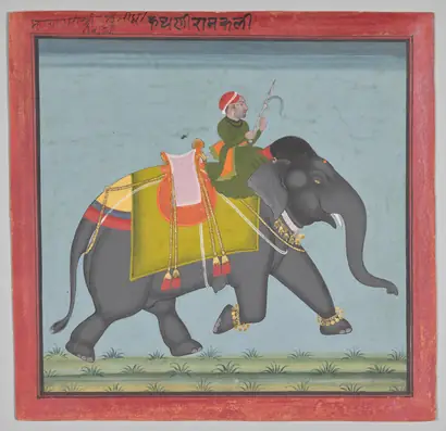 Dokumentasi museum Royal Elephant Ramkali with a Mahout. Nama pembuat belum tercantum pada daftar atribusi museum.