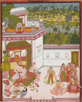 Dokumentasi museum Maharaja of Kotah Listening to Music and Watching Dancers. Nama pembuat belum tercantum pada daftar atribusi museum.