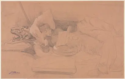 Dokumentasi museum Sarah Bernhardt Reclining on a Divan, Reading. Georges-Jules-Victor Clairin (French, 1843–1919).