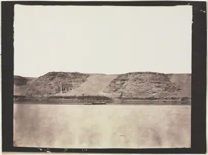 Dokumentasi museum General View of Monuments Carved into Bedrock with Photographer's Dahabieh. Abu Simbel. Félix Teynard (French, 1817–1892).