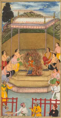 Dokumentasi museum Yaja and Upayaja perform a sacrifice for the emergence of Dhrishtadyumna from the fire, from Adi-parva (volume one) of the Razm-nama (Book of Wars) adapted and translated into Persian by Mir Ghiyath al-Din Ali Qazvini, known as Naqib Khan (Persian, d. 1614) from the Sanskrit Mahabharata. attributed to: Bilal Habshi (probably Ethiopian, active late 1500s).