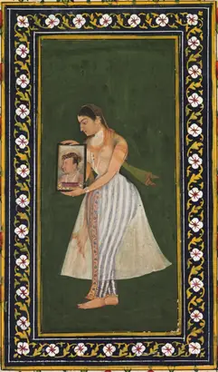 Dokumentasi museum Nur Jahan holding a portrait of Emperor Jahangir. attributed to: Bishandas (Indian).