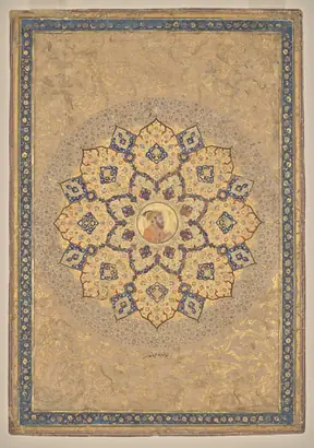 Dokumentasi museum Shamsa (sunburst) with portrait of Aurangzeb (1618–1707), from the Emperor's Album (the Kevorkian Album). probably by: Bichitr (Indian, active c. 1615–50).