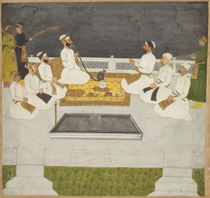 Dokumentasi museum Husain Ali Khan Entertaining His Brothers (The Sayyid Brothers). Nama pembuat belum tercantum pada daftar atribusi museum.
