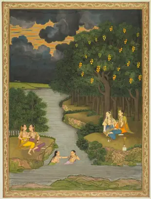 Dokumentasi museum Women enjoying the river at the forest’s edge (recto) and flowering marigold (verso). style of: Hunhar II (Indian, active mid-1700s).