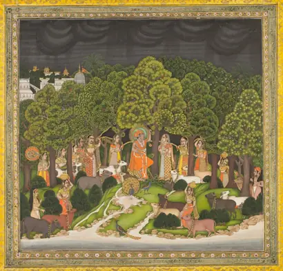 Dokumentasi museum Radha and Krishna meet in the forest during a storm. Nama pembuat belum tercantum pada daftar atribusi museum.