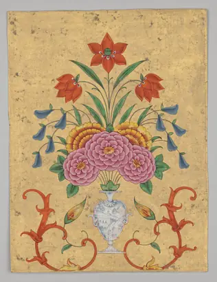 Dokumentasi museum Vase with flower arrangement and scrollwork. Nama pembuat belum tercantum pada daftar atribusi museum.