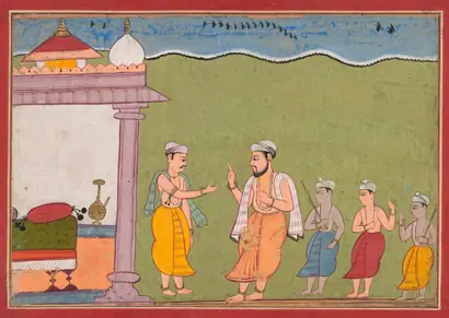 Dokumentasi museum Nanda Solves Vasudeva’s Dilemma, from a Bhagavata Purana. Nama pembuat belum tercantum pada daftar atribusi museum.