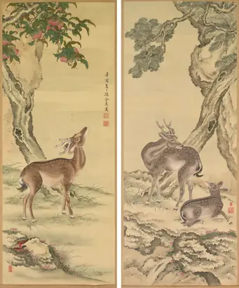 Dokumentasi museum Symbols of Longevity: Deer under Peach and Pine . Toda Tadanaka (Japanese, 1761–1823).