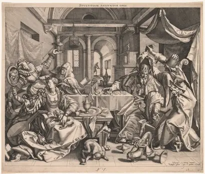 Dokumentasi museum Stultitiam patiuntur opes (Wealth permits Stupidity), or, Allegory of Wealth, Lust, and Stupidity. printed by: Raphael Sadeler (Flemish, 1560/61–1628/32); after: Joos Van Winghe (Flemish, 1544–1603).