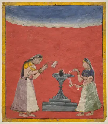 Dokumentasi museum Women worshiping a Shiva linga: Devagandhari Ragini of Hindol Raga, from a Ragamala. Nama pembuat belum tercantum pada daftar atribusi museum.