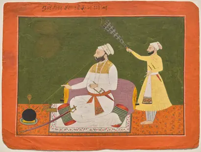 Dokumentasi museum Raja Bikram Singh of Guler smoking a hookah. Nama pembuat belum tercantum pada daftar atribusi museum.