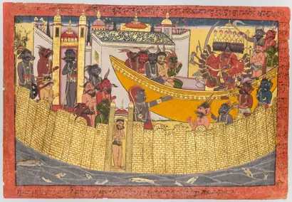 Dokumentasi museum Shurpanakha demands vengeance, from the "Shangri" Ramayana. Nama pembuat belum tercantum pada daftar atribusi museum.