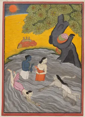 Dokumentasi museum Krishna Playing with the Gopis in the Yamuna. Nama pembuat belum tercantum pada daftar atribusi museum.