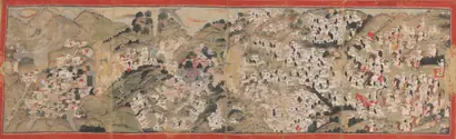 Dokumentasi museum Raja Sansar Chand attacking Kangra Fort. Nama pembuat belum tercantum pada daftar atribusi museum.