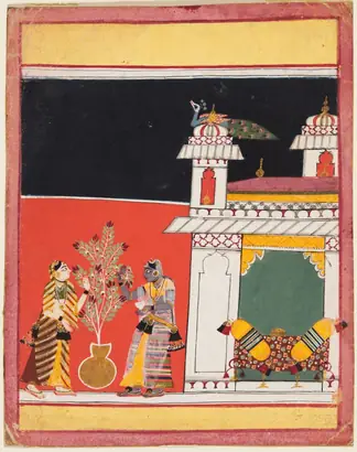 Dokumentasi museum Two Women Pluck Flowers on a Terrace: Gunakali Ragini, from a Ragamala. Nama pembuat belum tercantum pada daftar atribusi museum.