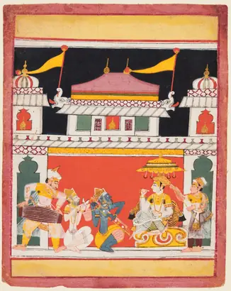 Dokumentasi museum Three Musicians Perform Before a King: Shri Raga, from a Ragamala. Nama pembuat belum tercantum pada daftar atribusi museum.