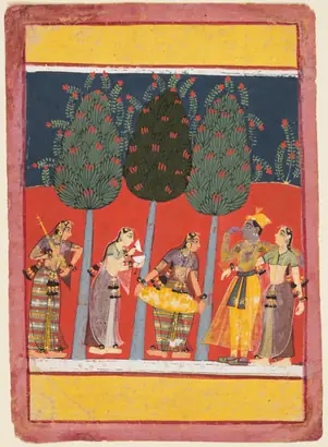 Dokumentasi museum Women Play Music for Radha and Krishna: Chitrini Nayika, from a Rasikapriya. Nama pembuat belum tercantum pada daftar atribusi museum.