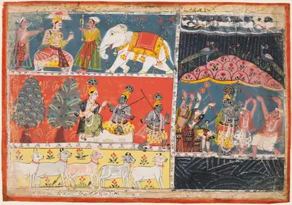 Dokumentasi museum Krishna Lifts Mount Govardhan, from a Bhagavata Purana. Nama pembuat belum tercantum pada daftar atribusi museum.