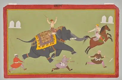 Dokumentasi museum The Elephant of Maharana Jai Singh of Mewar (r. 1680–98) Catches a Horse by the Tail. Nama pembuat belum tercantum pada daftar atribusi museum.
