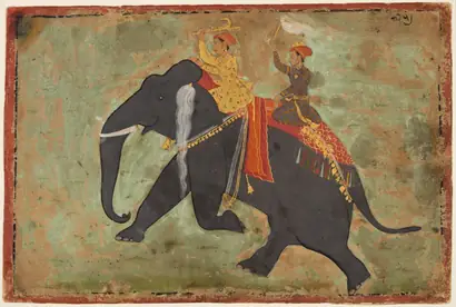 Dokumentasi museum Prince Amar Singh (1672–1710) Drives His Own Elephant. attributed to: Mewar Stipple Master (Indian).