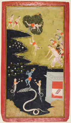 Dokumentasi museum Krishna Quells the Serpent Kaliya, from a Bhagavata Purana. Nama pembuat belum tercantum pada daftar atribusi museum.