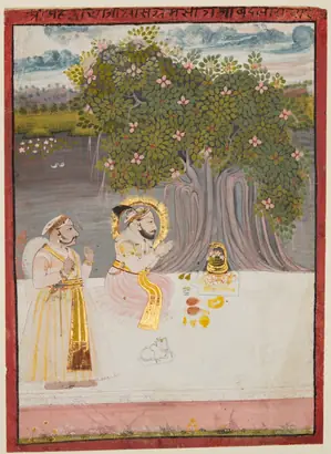 Dokumentasi museum Maharana Sangram Singh II (r. 1710–34) Worshipping a Linga Under a Banyan Tree. Nama pembuat belum tercantum pada daftar atribusi museum.