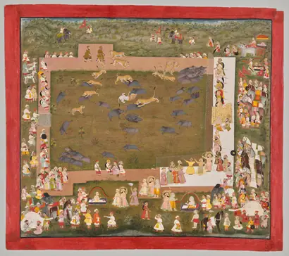 Dokumentasi museum Maharana Sangram Singh II of Mewar (r. 1710–34) and Stages a Boar Hunt with Tigers at Sadri. Nama pembuat belum tercantum pada daftar atribusi museum.