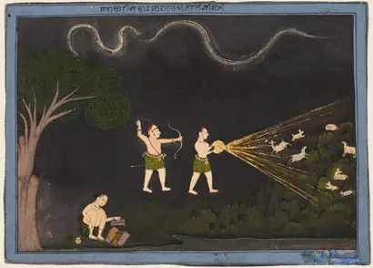 Dokumentasi museum Maharana Jagat Singh II of Mewar (r. 1734–51) Dressed as a Bhil, Hunting Deer at Night. attributed to: Peran menurut katalog: Chokha (Indian, active c. 1799–1824).