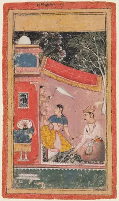 Dokumentasi museum Lovers on a Terrace: Ramakali Ragini of Hindol, from a Bundi Ragamala. Nama pembuat belum tercantum pada daftar atribusi museum.