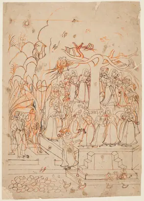 Dokumentasi museum Krishna watches the milkmaids  circumambulating a sacred tree: The month of Jyestha (May–June), from a Barahmasa (The Twelve Months). Nama pembuat belum tercantum pada daftar atribusi museum.