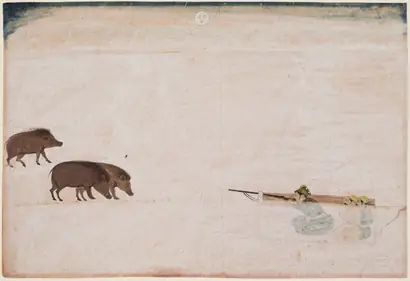 Dokumentasi museum Raja Ram Chand of Amber (r. 1667–88) Hunting Wild Boar. Nama pembuat belum tercantum pada daftar atribusi museum.
