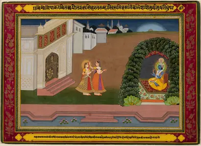 Dokumentasi museum Radha’s Confidante Brings Her to Krishna, based on poetry of Bihari (Indian, 1595–1663). Nama pembuat belum tercantum pada daftar atribusi museum.
